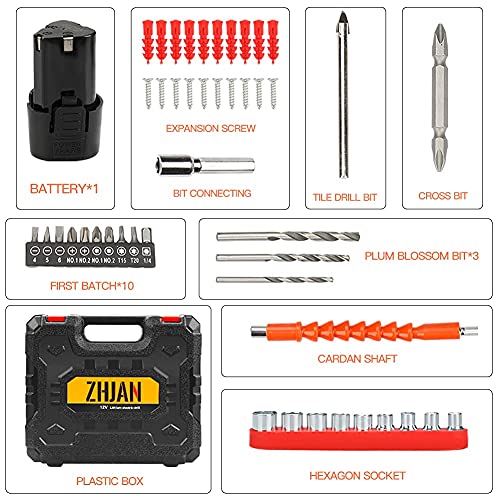 ZHJAN Taladro Atornillador Batería, 12 V Atornillador a Bateria, Carga rápida, 25 Configuraciones de Torque, 2 Velocidades Ajustables, 35 Accesorios Incluyendo Taladro