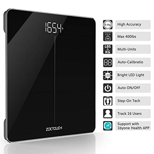 ZOETOUCH Báscula de Baño Digital, Balanza Peso Corporal 180kg, Báscula con Sensores de Alta Precisión Pantalla LCD, Auto Encendido y Apagado, 1 Cinta Métrica Corporal y 6 Baterías - negro