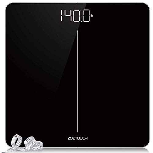 ZOETOUCH Báscula de Baño Digital, Balanza Peso Corporal 180kg, Báscula con Sensores de Alta Precisión Pantalla LCD, Auto Encendido y Apagado, 1 Cinta Métrica Corporal y 6 Baterías - negro