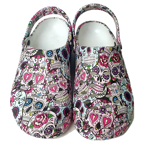Zuecos Sanitarios Mujer de Trabajo Cómodos de Goma EVA Laboral Enfermera y Hostelería con Diseño Dibujos Hidroimpresión Calaveras Mejicanas Rosas. Talla 37. Talonera en el Mismo diseño