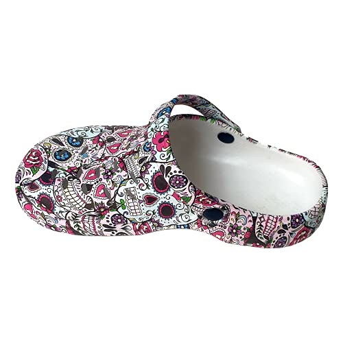 Zuecos Sanitarios Mujer de Trabajo Cómodos de Goma EVA Laboral Enfermera y Hostelería con Diseño Dibujos Hidroimpresión Calaveras Mejicanas Rosas. Talla 37. Talonera en el Mismo diseño