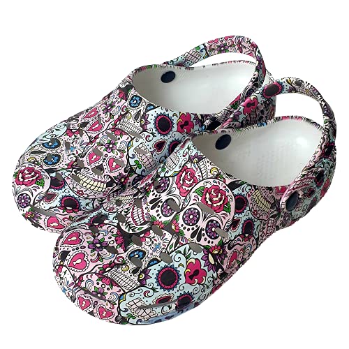 Zuecos Sanitarios Mujer de Trabajo Cómodos de Goma EVA Laboral Enfermera y Hostelería con Diseño Dibujos Hidroimpresión Calaveras Mejicanas Rosas. Talla 37. Talonera en el Mismo diseño