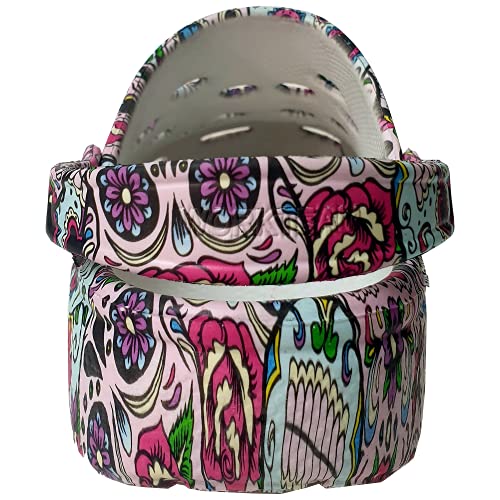 Zuecos Sanitarios Mujer de Trabajo Cómodos de Goma EVA Laboral Enfermera y Hostelería con Diseño Dibujos Hidroimpresión Calaveras Mejicanas Rosas. Talla 37. Talonera en el Mismo diseño