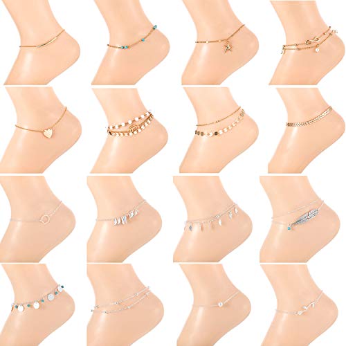 16 Piezas de Tobillera de Playa Ajustable Tobillera Boho Joyería de Pies de Cadena de Tobillo para Mujeres Niñas (Chapado de Plata y Oro)
