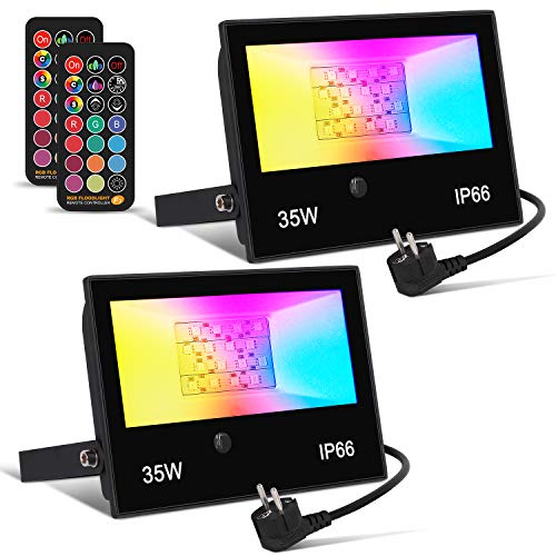 2 x 35W Focos LED RGB Exterior, Foco LED Proyector Colores IP66, Foco 12 Colores con Control Remoto, 4 Modos, Función de Memoria y Temporizador, Decoración Jardín Fiesta Hotel