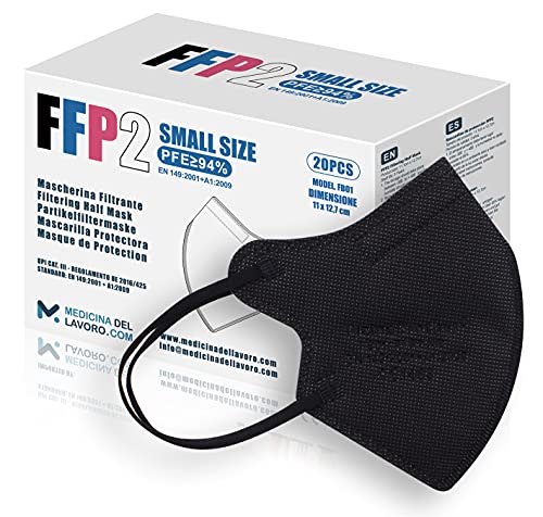 20 Mascarillas FFP2/KN95 Negras Talla Pequeña Small Homologadas Certificación CE sin Válvula de 4 Capas, Máscara Protectora de Polvo, Mascarilla de Protección con Filtros de Calidad BFE≥95, 20 Piezas