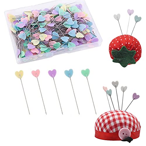 200 Alfileres Costura,Alfileres de Costura de Colores Alfileres Planos de Cabeza de Amor Alfileres de Acolchado con Cojín de Alfiler Accesorios de Costura para Modistas Proyectos de Costura