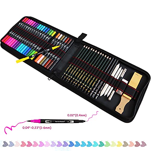 24 Rotuladores Doble Punta Fina Acuarelables y 21Pcs Profesional Dibujo de Arte y Lápiz Dibujo Conjunto de Lápiz de Carbón,Rotuladores Permanentes de Colores para Arte Dibujo,Incluye Grande Caja lápiz