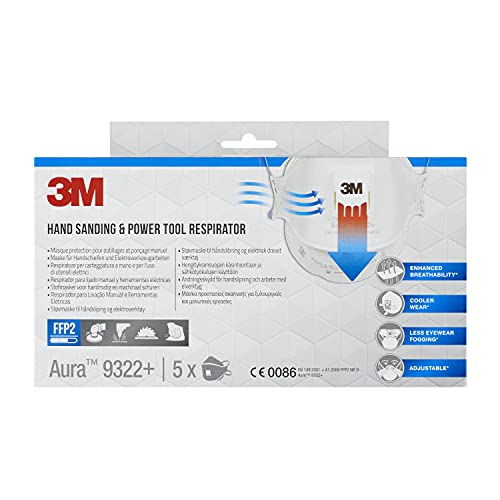 3M Aura Respirador para lijado manual y herramientas eléctricas 9322+, FFP2, con válvula, 5/paquete
