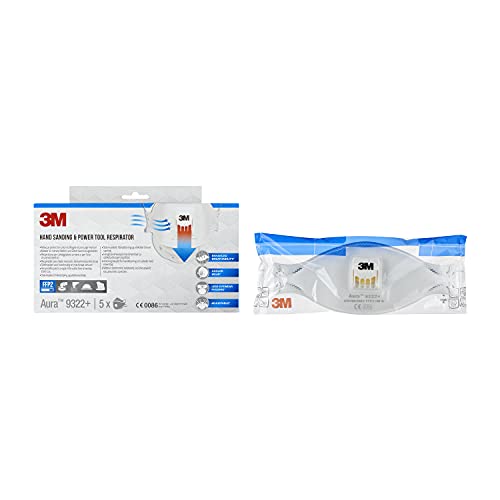 3M Aura Respirador para lijado manual y herramientas eléctricas 9322+, FFP2, con válvula, 5/paquete