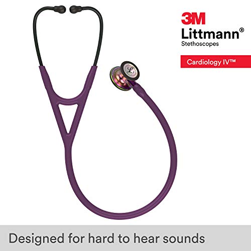 3M Littmann Cardiology IV Fonendoscopio para diagnóstico, campana de acabado arcoíris, con tubo color Ciruela, vástago Morado y auricular color Negro, 69 cm, 6205