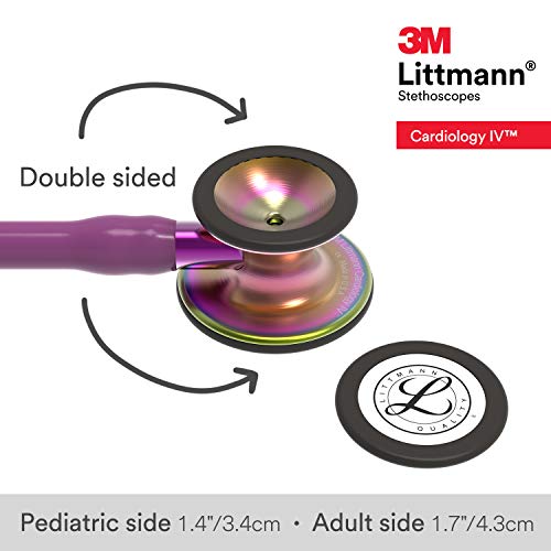 3M Littmann Cardiology IV Fonendoscopio para diagnóstico, campana de acabado arcoíris, con tubo color Ciruela, vástago Morado y auricular color Negro, 69 cm, 6205