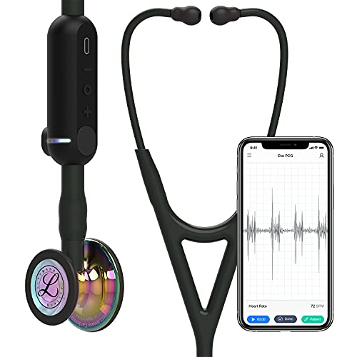 3M Littmann CORE Fonendoscopio digital, 8572, campana de acabado de alto brillo en arcoíris, con tubo, vástago y auricular de color negro, 69 cm