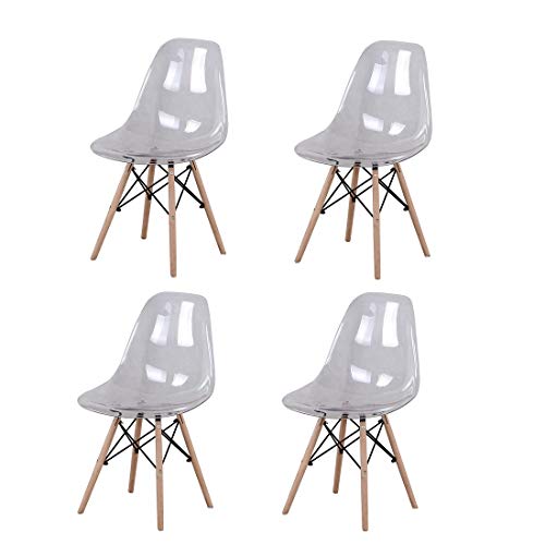 4 sillas transparentes de policarbonato cojín de madera maciza patas de metal, cocina, salón comedor, oficina, dormitorio, escuela, biblioteca al aire libre (transparente)