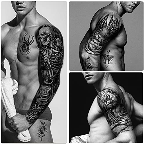 46 hojas de Tatuajes Temporales de Calavera de Brazo Completo para Hombres, Tatuaje de ángel de medio brazo y hombro para damas, falso impermeable, lobo, león, piedra, tatuaje, pegatinas para adultos