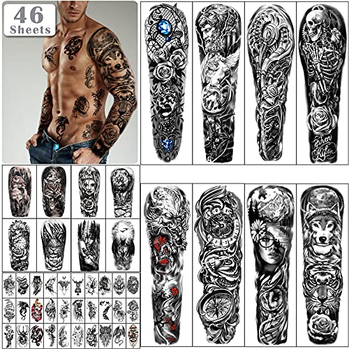 46 hojas de Tatuajes Temporales de Calavera de Brazo Completo para Hombres, Tatuaje de ángel de medio brazo y hombro para damas, falso impermeable, lobo, león, piedra, tatuaje, pegatinas para adultos