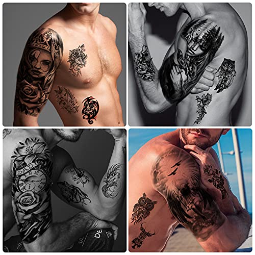 46 hojas de Tatuajes Temporales de Calavera de Brazo Completo para Hombres, Tatuaje de ángel de medio brazo y hombro para damas, falso impermeable, lobo, león, piedra, tatuaje, pegatinas para adultos
