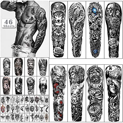 46 hojas de tatuajes temporales impermeables de brazo completo para hombres, tatuajes falsos de animales de flor de tigre león para mujeres adultas, tatuaje de mano en el antebrazo y hombro en 3D