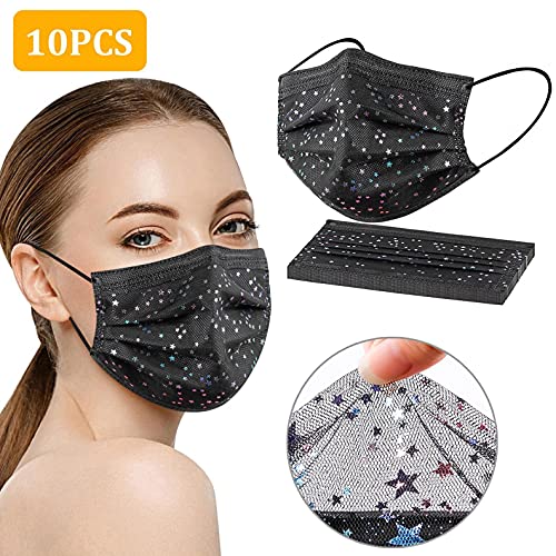 50PC Adultos Mujer Pañuelos Bucales Desechables,4 Capa con Diseño de Lentejuelas,Comformtable para la Nariz,Bufandas Negras