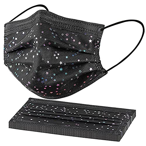 50PC Adultos Mujer Pañuelos Bucales Desechables,4 Capa con Diseño de Lentejuelas,Comformtable para la Nariz,Bufandas Negras
