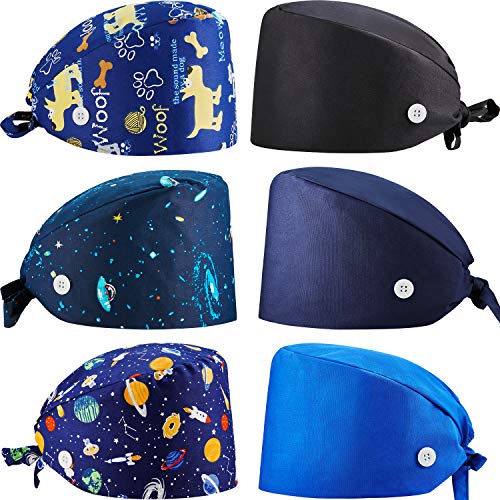6 Piezas Gorro de Trabajo Ajustable con Botón Gorros Bouffant de Tie Back Gorro con Banda de Sudor para Mujeres Hombres