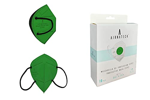 A AIRNATECH Mascarillas FFP2 Verde pack de 10 unidades. Marcado CE0161 Homologadas - Normativa EN149: 2001+A1: 2009 - 5 Capas de 95% Filtración - Mascarilla ffp2 protección respiratoria
