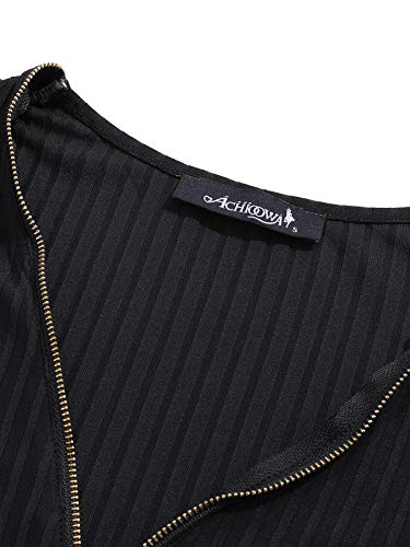 ACHIOOWA Camisa de Mujer Manga Larga Cremallera de Corte Bajo Tops Cuello V Sexy Casual Blusa Negro XL