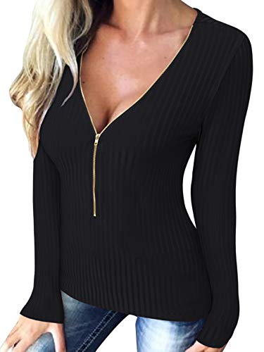ACHIOOWA Camisa de Mujer Manga Larga Cremallera de Corte Bajo Tops Cuello V Sexy Casual Blusa Negro XL
