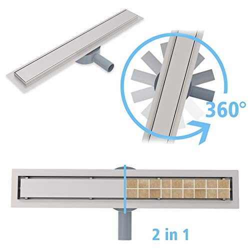Aica Canaleta de Ducha de Acero Inoxidable Desagüe de Ducha con Dispositivo Desodorante y Filtro de Pelo Canal de Drenaje de 70 cm para Azulejo Giratorio 360 Grados