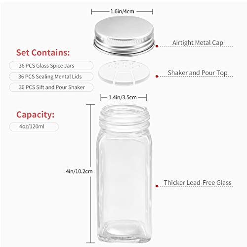 AIKKIL - Botes de cristal para especias de 100 ml. Tarros cuadrados vacíos. Tapa coctelera y tapas de metal herméticas. Incluye un embudo de silicona plegable
