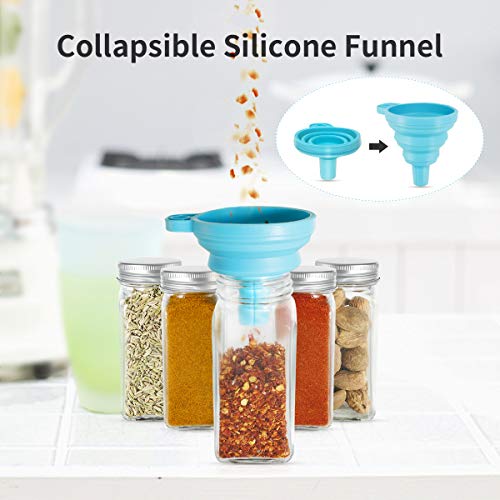 AIKKIL - Botes de cristal para especias de 100 ml. Tarros cuadrados vacíos. Tapa coctelera y tapas de metal herméticas. Incluye un embudo de silicona plegable