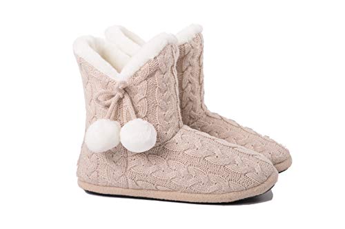 AIREE FAIREE Zapatillas de Casa para Mujer Pantuflas Mujer Invierno Casa con Bordes del Tejido de Punto y Pompons (Medio EU 38-39, Beige)