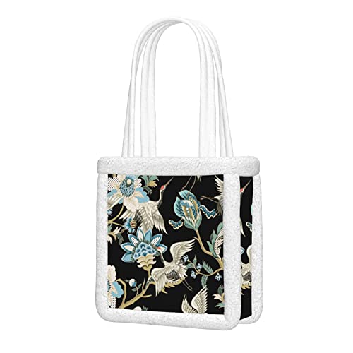 ALALAL Bolso de mano chino delicado grúa de viaje bolsas de mano mullido felpa suave lindo bolso de mano reutilizable para viajes de trabajo y compras
