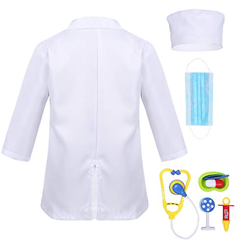 Alvivi Uniforme de Trabajo Bata Blanca Abrigo de Laboratorio Farmacia Estetoscopio de Juguete Traje de Doctor Enfermera Sanitario Chaqueta Disfraz Cosplay Conjunto Blanco A 7-8 años