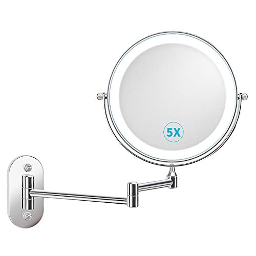 alvorog Espejo de Maquillaje con Luz LED y 1x/5x Aumento Espejos, Espejo de Pared con Doble Cara de 360° Rotación, Luz Ajustable y 0.5h Apagado Automático para Baño, Tocador, Hotel (Cromado)