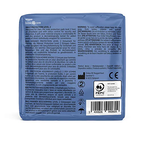 Amazon Basic Care Almohadillas de protección nivel 2, masculinas, 12 paquetes de 12 (total 144)