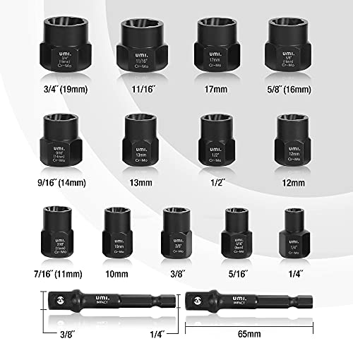 Amazon Brand - Umi 15 Piezas Juego de Extractores de Tuercas y Pernos de Impacto, Herramienta de Extracción, Removedor de Tuercas Dañados, Juego de Herramientas para Quitar Enchufes y Pernos Oxidados