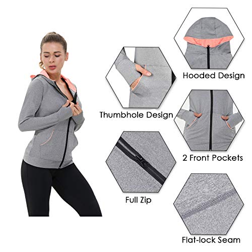 AMZSPORT Chaqueta Deportiva Mujer, Sudadera Capucha Running Cremallera con Agujeros para los Pulgares Gris M