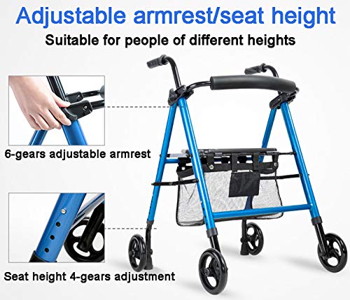 Andador para Ancianos, Andadores Plegable y Ligero con Asiento y Canasta, Plegable Andador Rollator, Altura Ajustable, Freno de Presión, Equipo Auxiliar Móvil de Aluminio
