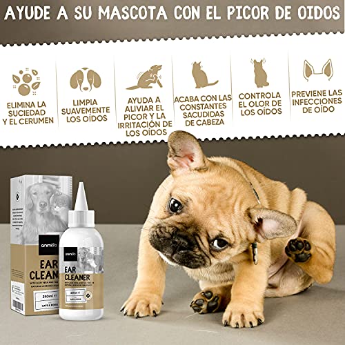 Animigo Limpiador de Oídos Perros y Gatos 250ml, Limpiador Ótico en Gotas, Sin Alcohol y No Irritante