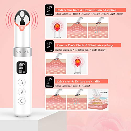 ANLAN Masajeador de Ojos con Luz LED, 38-45° Calor, Vibración Sónica, Pantalla LCD, USB Recargable, Remover las Arrugas para Oscuro Círculos y Hinchazón, Facial Anti-envejecimiento