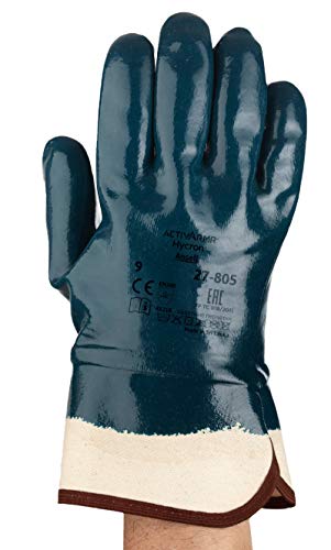 Ansell ActivArmr 27-805 Guantes de Trabajo, Extra-Resistente para Trabajos Pesadas, Protección Cortes, Resistencia Aceite, Revestimiento Nitrilo sin Silicona, Hombre Mujer, Azul, Talla 10