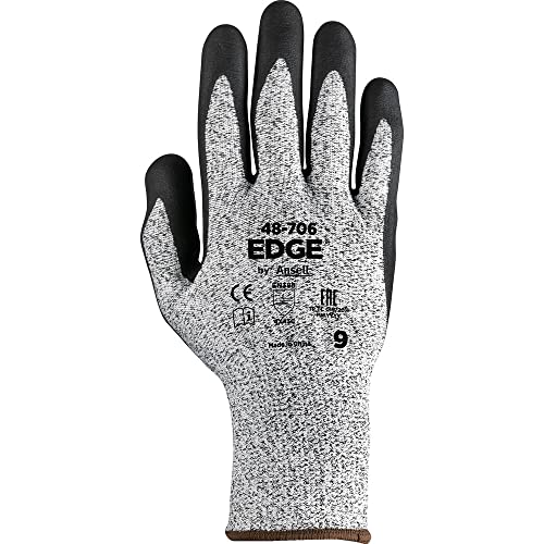 Ansell EDGE 48-706 - Guantes de trabajo para hombres y mujeres de alta resistencia a cortes para trabajos industriales, de mejoras para el hogar y de bricolaje, color gris/negro, talla 9 (12 pares)