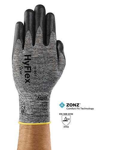Ansell HyFlex 11-801 Guantes de Trabajo Mecánico, Tecnología Mejorad Agarre y Confort, Protección Mecánica Industrial, Seguridad y Destreza, Guante Multiuso Hombre Mujer, Negro, Talla L (12 Pares)