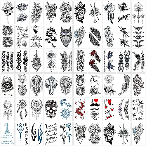 AROMUJOY Tatuajes temporales 60 Hojas Tatuajes Temporales para CuerpoBrazo Cara Cuello Hombro Pecho Falso Tatuaje de Larga Duración Adultos Hombres Mujere