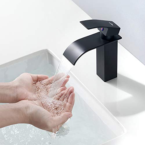 Auralum - Grifo Lavabo Cascada Negro Práctico Moderno Grifos Cascada de Baño Cuadrado Mezclador Grifo de Lavabo Latón Monomando Altura Total 183mm