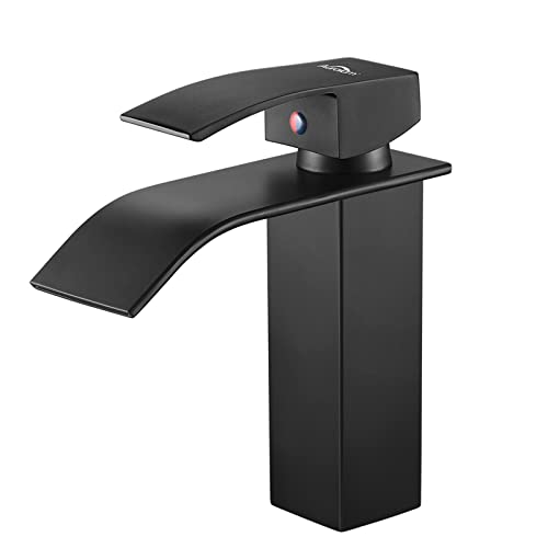 Auralum - Grifo Lavabo Cascada Negro Práctico Moderno Grifos Cascada de Baño Cuadrado Mezclador Grifo de Lavabo Latón Monomando Altura Total 183mm