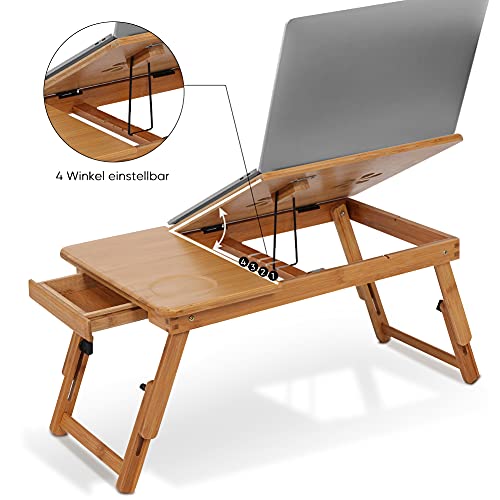 AYNEFY Mesa de Cama para Ordenador Portátil de Madera de Bambú Plegable Altura Regulable Soporte Para Portátil Mesa de Desayuno Mesa de Cuidado Portátil con CajóN Para Cama Sofá Suelo