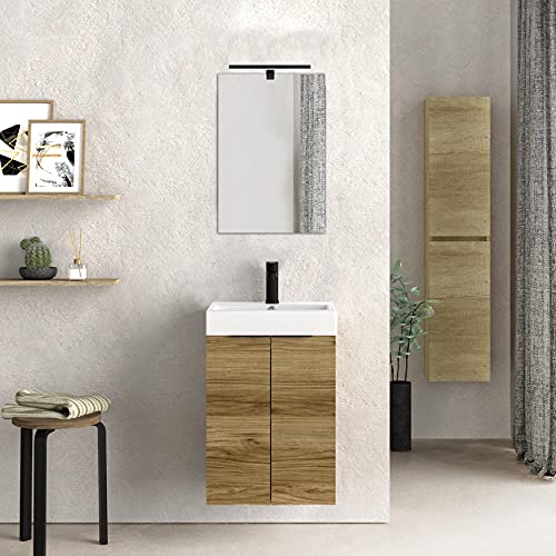 Baikal 280034090, Mueble de baño pequeño con Lavabo cerámico y Espejo con Aplique de luz LED, de Dos Puertas, Acabado en Color Teka, de fácil montado, Medidas: 45 x 36 x 60 cm