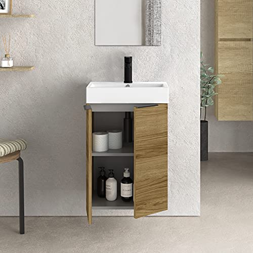Baikal 280034090, Mueble de baño pequeño con Lavabo cerámico y Espejo con Aplique de luz LED, de Dos Puertas, Acabado en Color Teka, de fácil montado, Medidas: 45 x 36 x 60 cm